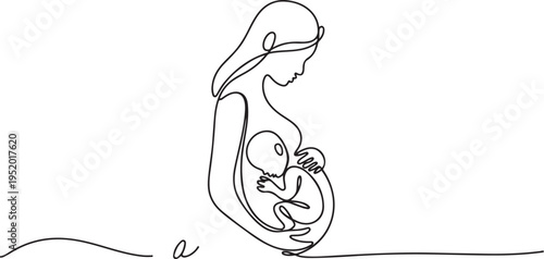 Continuous line drawing of a pregnant woman with a baby in the womb. one line art icon drawing vector