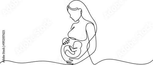 Continuous line drawing of a pregnant woman with a baby in the womb. one line art icon drawing vector