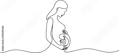 Continuous line drawing of a pregnant woman with a baby in the womb. one line art icon drawing vector