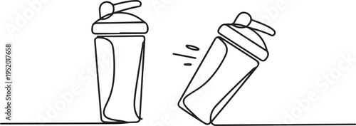 Protein cocktail shaker isolated on white background. Standing and shaking motion process blender cups. one line art icon drawing vector