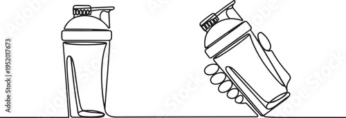 Protein cocktail shaker isolated on white background. Standing and shaking motion process blender cups. one line art icon drawing vector