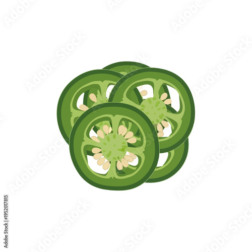 A close-up illustration of several vibrant green jalapeño pepper slices, showcasing their seeds and inner texture.