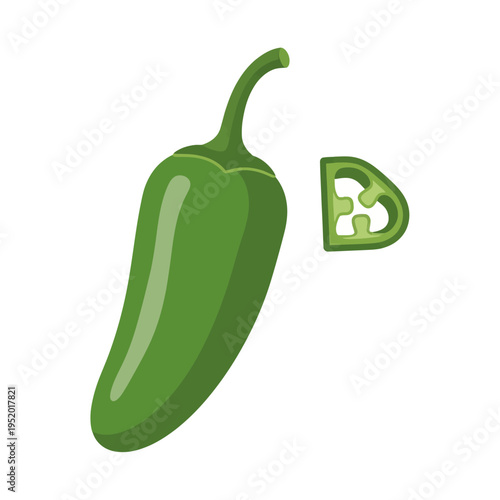 A vibrant green jalapeño pepper with a single slice showing its internal structure, isolated on a white background.