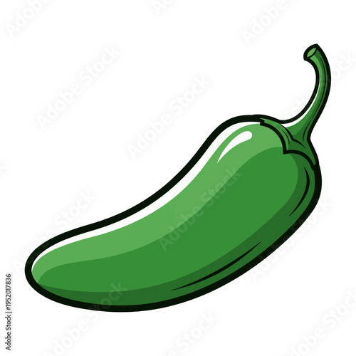 A vibrant illustration of a single, ripe jalapeño pepper with a glossy green skin and a curved stem, set against a clean white background.