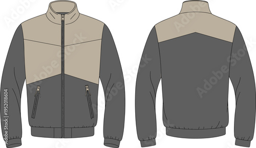 Men color block jacket front and back view, casual winter outerwear fashion flat vector