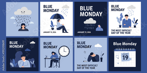 Blue Monday illustration collage, emotional artwork with sad people rain clouds clocks melancholy difficult day January vector design