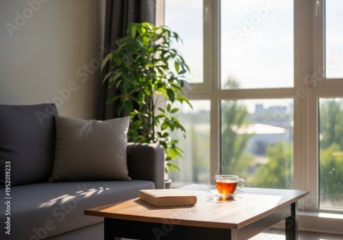Cozy living room with couch, coffee table, and plant by window