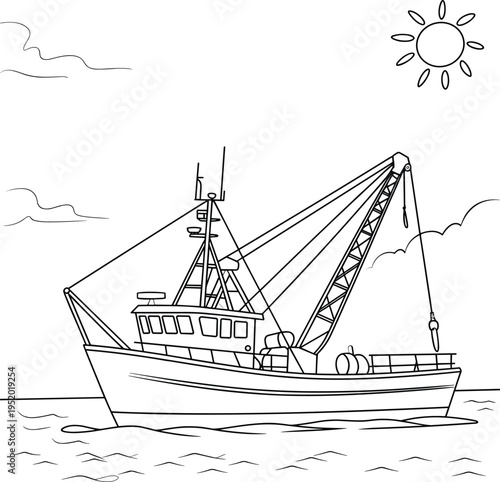Fishing boat line art illustration, commercial trawler ship at sea nautical marine outline vector drawing