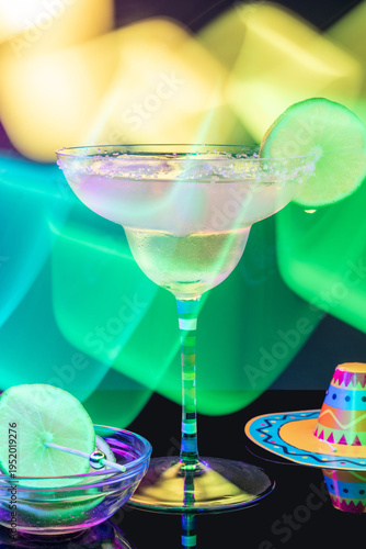 Classic margarita isolated with lime and salt rim with dramatic light painting background
