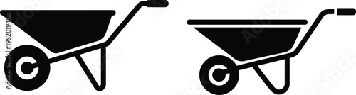 Garden wheelbarrow silhouette icon set, construction and gardening transport tool isolated, equipment symbol vector illustration