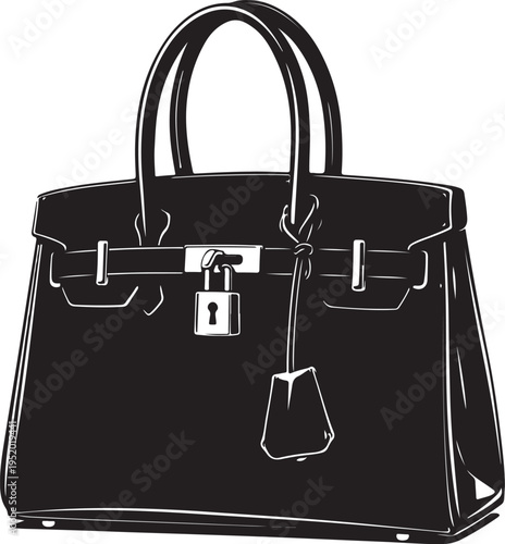 Elegant Black Leather Handbag with Padlock and Key Fob Vector Illustration for Fashion and Luxury Design