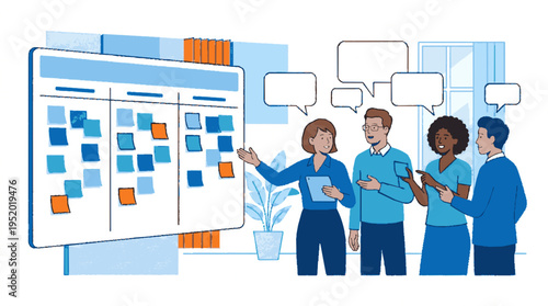 Group of diverse professionals collaborating on a digital project board in modern vector style with sticky notes