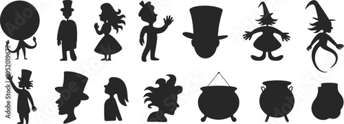 Halloween silhouette characters and spooky objects set including witches hats and cauldron, flat vector illustration design