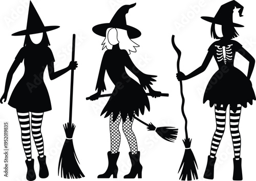 Halloween witch silhouettes with broom and hats, spooky female costume characters set, cad drawing flat vector illustration
