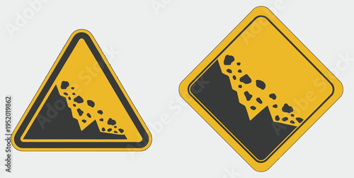 Falling rock warning sign icon, symbolizing rockslide hazard, roadside danger, caution for drivers, and mountain or cliff safety concept vector