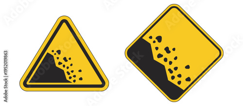 Road hazard icon featuring falling rocks, warning triangle sign, cliff or slope danger alert, and traffic safety notification vector
