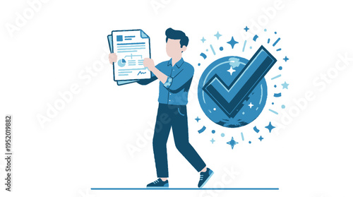 Man holding approved certificate document with large blue checkmark symbol in flat vector style celebrating success in professional