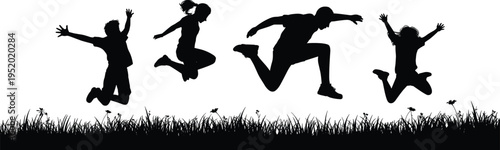 Happy friends jumping silhouette over grass field, joyful youth freedom celebration, energetic people outdoor fun concept