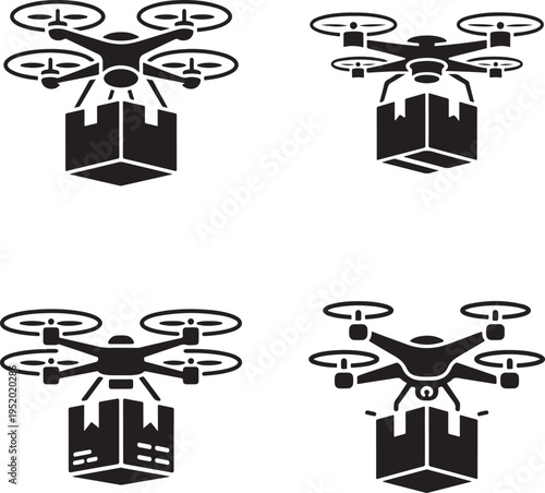 Four drone illustrations depict quadcopters carrying boxes for fast air delivery and automated logistics operations
