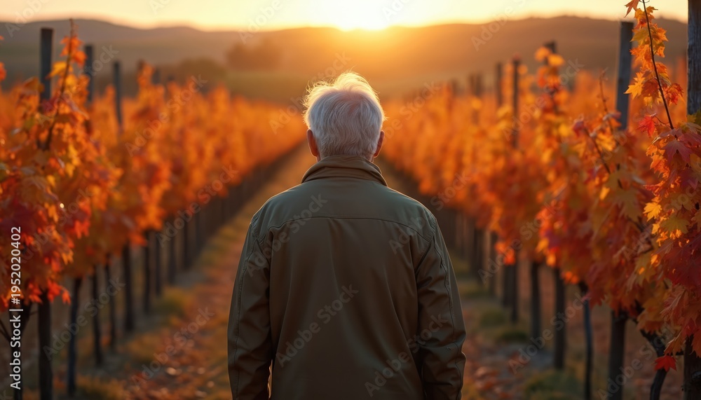 Fototapeta premium Elderly man stands in a golden autumn vineyard at sunset. Rows of vibrant orange grape leaves stretch towards the horizon. The man gazes into the warm setting sun, contemplating.