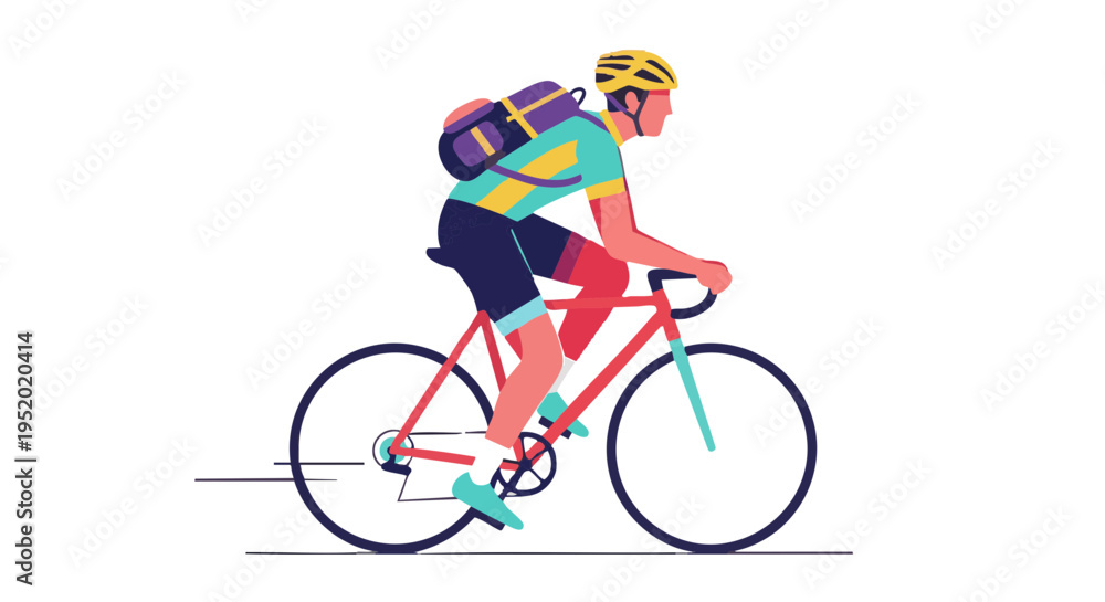 Fototapeta premium Man cycling with a backpack on a modern bicycle. Flat design vector illustration.