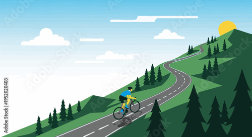 Cyclist riding a bicycle up a winding mountain road on a sunny day. Flat design vector illustration.