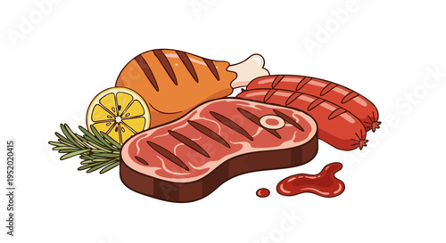 Vector illustration of grilled meat platter with steak, chicken, and sausages. Barbecue food with lemon and rosemary isolated on white background.