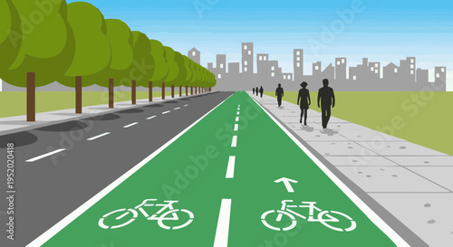 Green bike lane and sidewalk leading to a city skyline vector illustration.