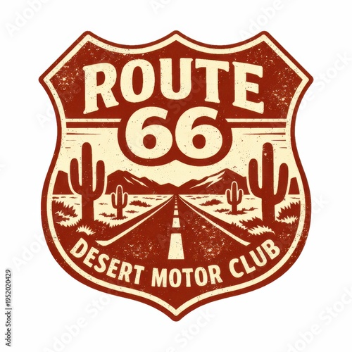 Vintage Route 66 shield emblem with desert cacti and road for travel and motorcycle club branding