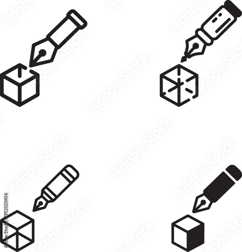 Digital creation icons feature drawing pens interacting with abstract three dimensional cubes for graphic art and software development concepts