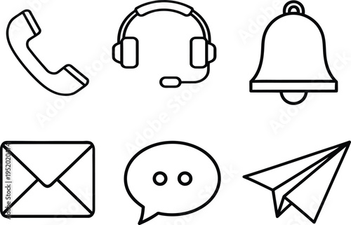 Communication icons set including phone headset bell envelope speech bubble and paper airplane