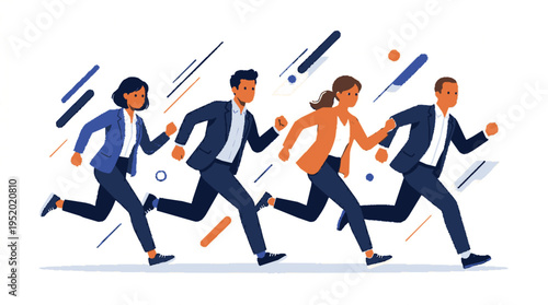 Energetic business professionals in suits and ties sprinting forward in a modern flat vector illustration style