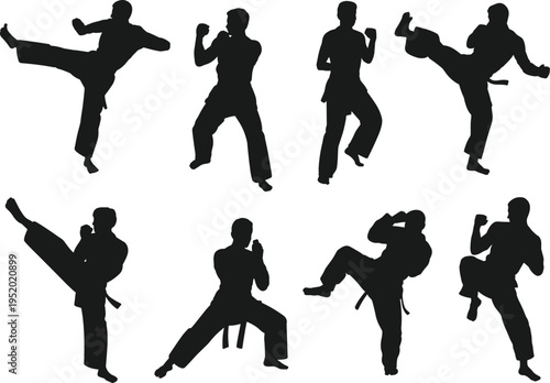 Karate martial arts silhouette set, fighter kick boxing combat training sport action poses vector