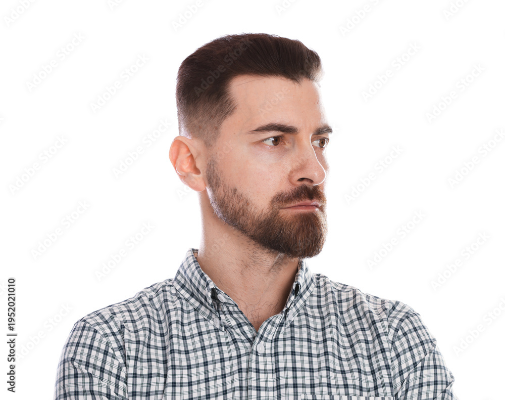 Fototapeta premium Serious man in shirt posing on white background