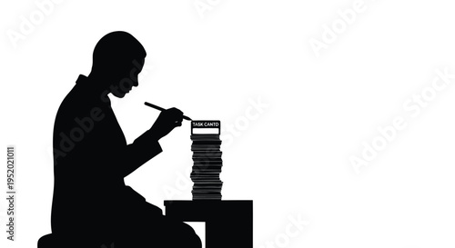 Silhouette vector illustration of a person carefully painting or drawing on the top book of a stacked pile, symbolizing creativity, education, or meticulous work.
