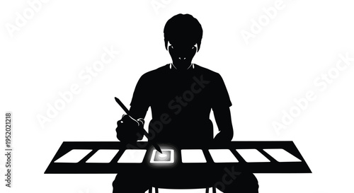 Silhouette vector illustration of a person interacting with a futuristic touch screen interface or digital control panel, highlighting technology and innovation.