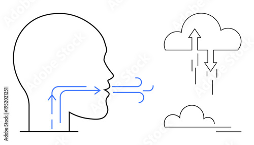 Respiration concept. Human respiration with airflow into a head silhouette and cloud data exchange symbolism. Respiration links biology and modern technology. For health, science, tech, cloud