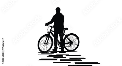 Black Silhouette Vector Illustration of a Man Standing Next to a Bicycle on a Path, Ideal for Lifestyle, Sport, or Outdoor Activity Designs