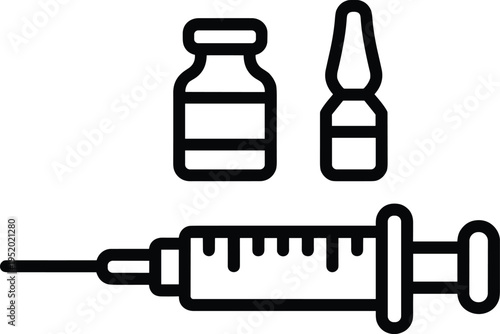 Medical syringe and vaccine vial line icon set, healthcare vaccination symbol isolated, medicine injection equipment, cad drawing flat vector illustration