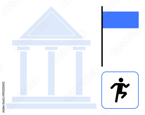 Civic systems, government services, safety instructions, emergency response, national identity, minimalism. Pillared building, blue flag emergency exit icon. Civic systems and safety instructions