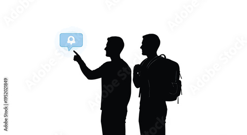Black silhouette of two men looking at blue screen, male figures standing and pointing at digital display, people interacting with technology vector
