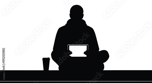 Black silhouette of two men looking at blue screen, male figures standing and pointing at digital display, people interacting with technology vector