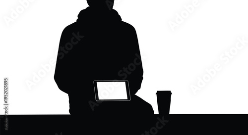 Black silhouette of two men looking at blue screen, male figures standing and pointing at digital display, people interacting with technology vector