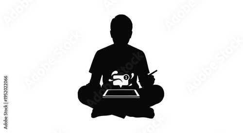 Black silhouette of a person sitting cross-legged, using a digital tablet with a stylus, on a white background