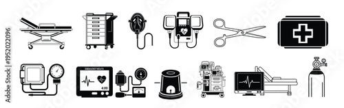 A set of black and white medical icons depicting various healthcare equipment and tools used by medical professionals in hospitals and clinics for patient care and treatment.