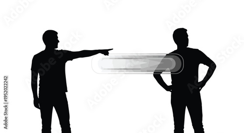 Black silhouette vector illustration of one man pointing a finger at another man, depicting accusation, blame, or direction, isolated on a clean white background for versatile commercial use.