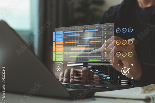 Businessman managing project timeline on laptop with virtual dashboard, Gantt chart and analytics data, project management, planning, workflow optimization, business performance tracking technology.