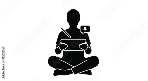 Black Silhouette Vector Icon of a Person Sitting Cross-Legged and Drawing on a Tablet with a Stylus, Receiving a Notification