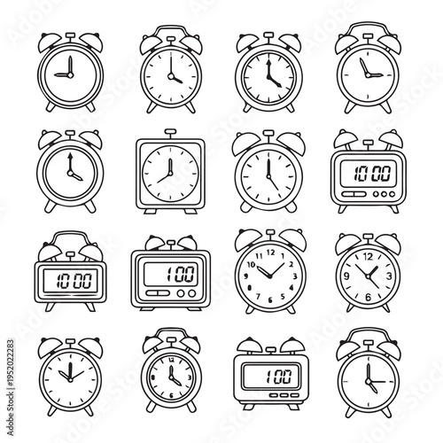 Collection of Alarm Clock IconsVarious Styles Line Art Isolated