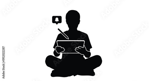 Minimalist black silhouette vector icon of a person sitting cross-legged, holding a tablet and stylus, with a notification bell icon above, ideal for digital communication and technology